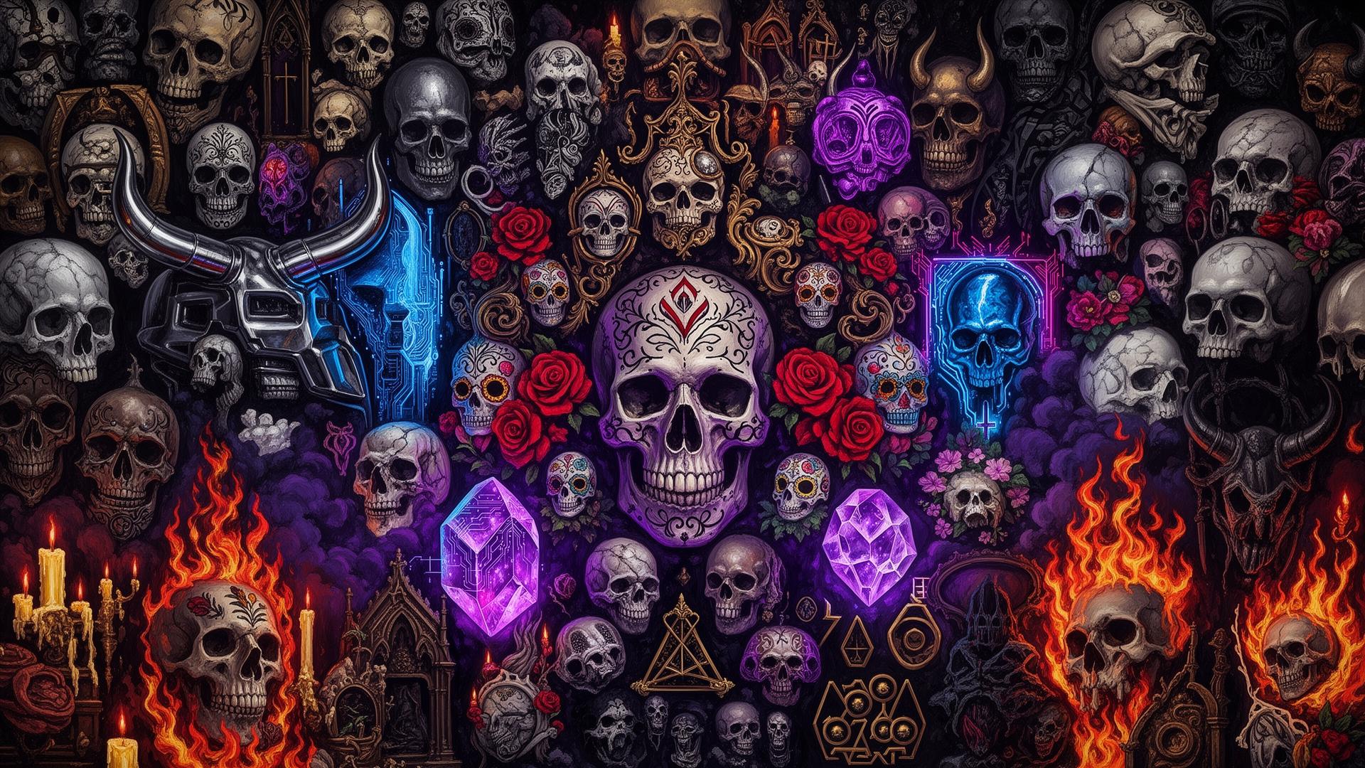 Skeleton biker riding through a gothic cathedral city under a blood moon