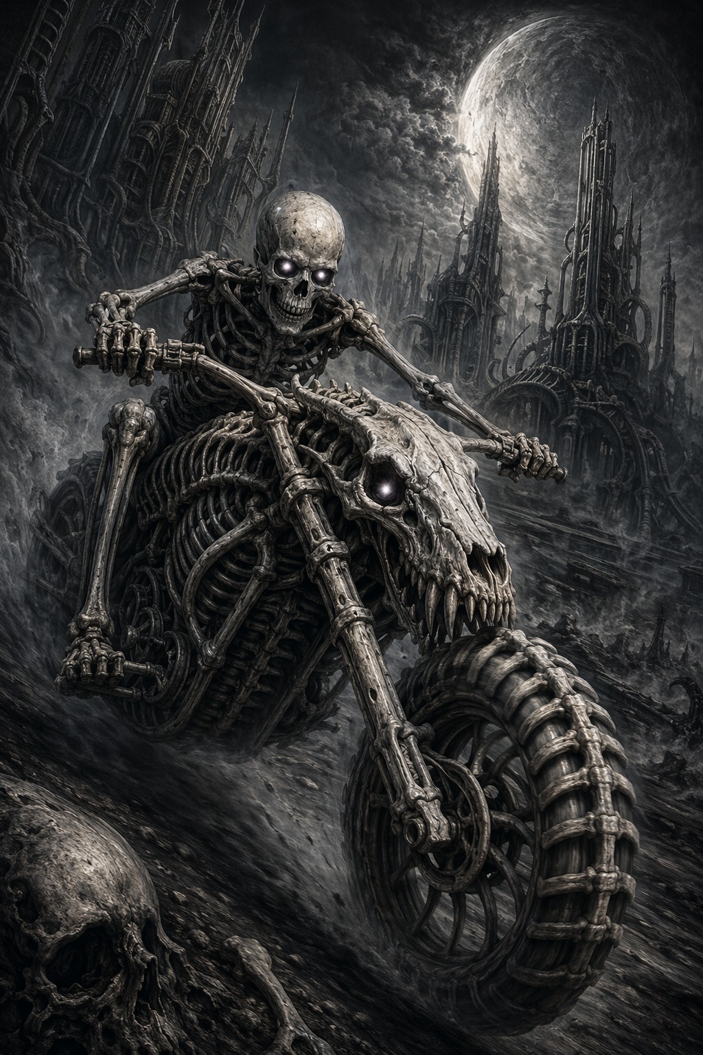 Skeleton biker riding through a gothic cathedral city under a blood moon